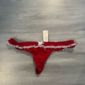 NWT La Senza Red thong with white lace trim and bells size small